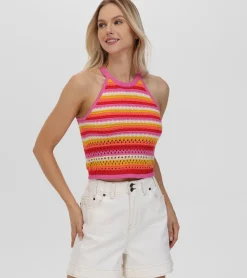 Crochet Striped Halter Neck Tank^Frye