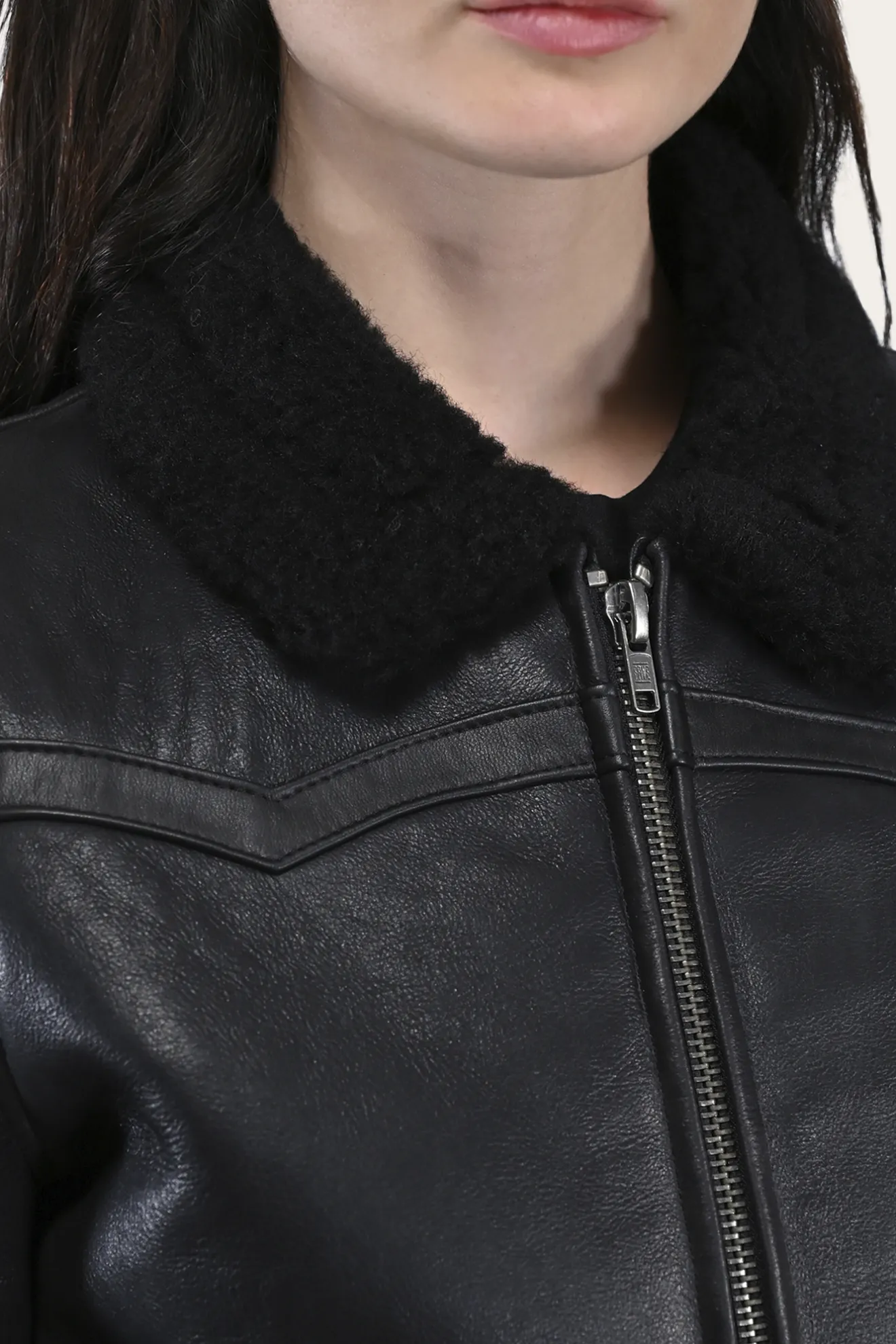 Women's Leather Jacket With Sherling Collar And Cuffs^Frye