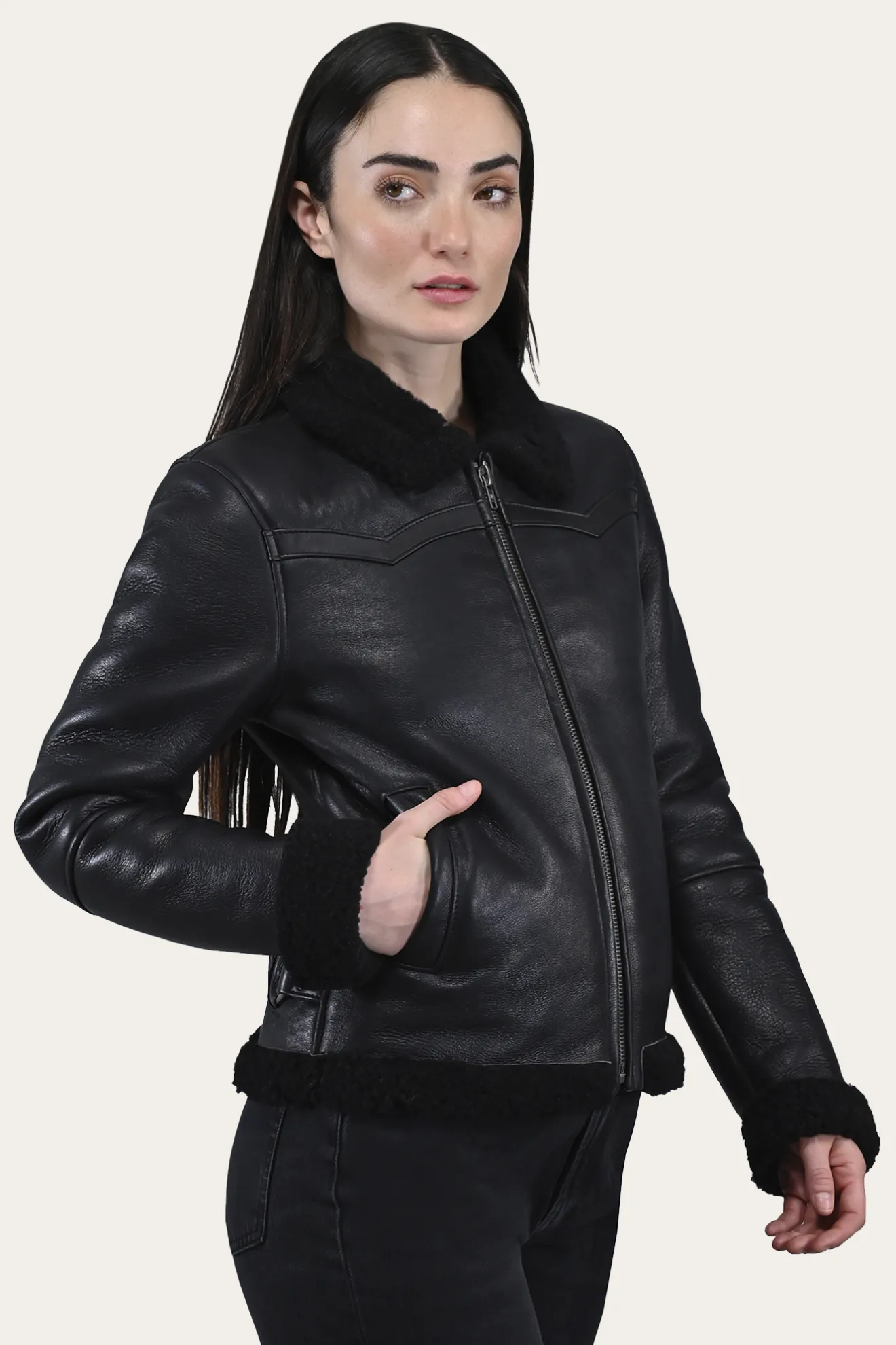 Women's Leather Jacket With Sherling Collar And Cuffs^Frye